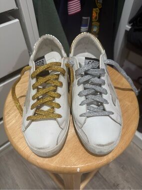 Golden Goose White Sneakers with Gold and Silver Laces